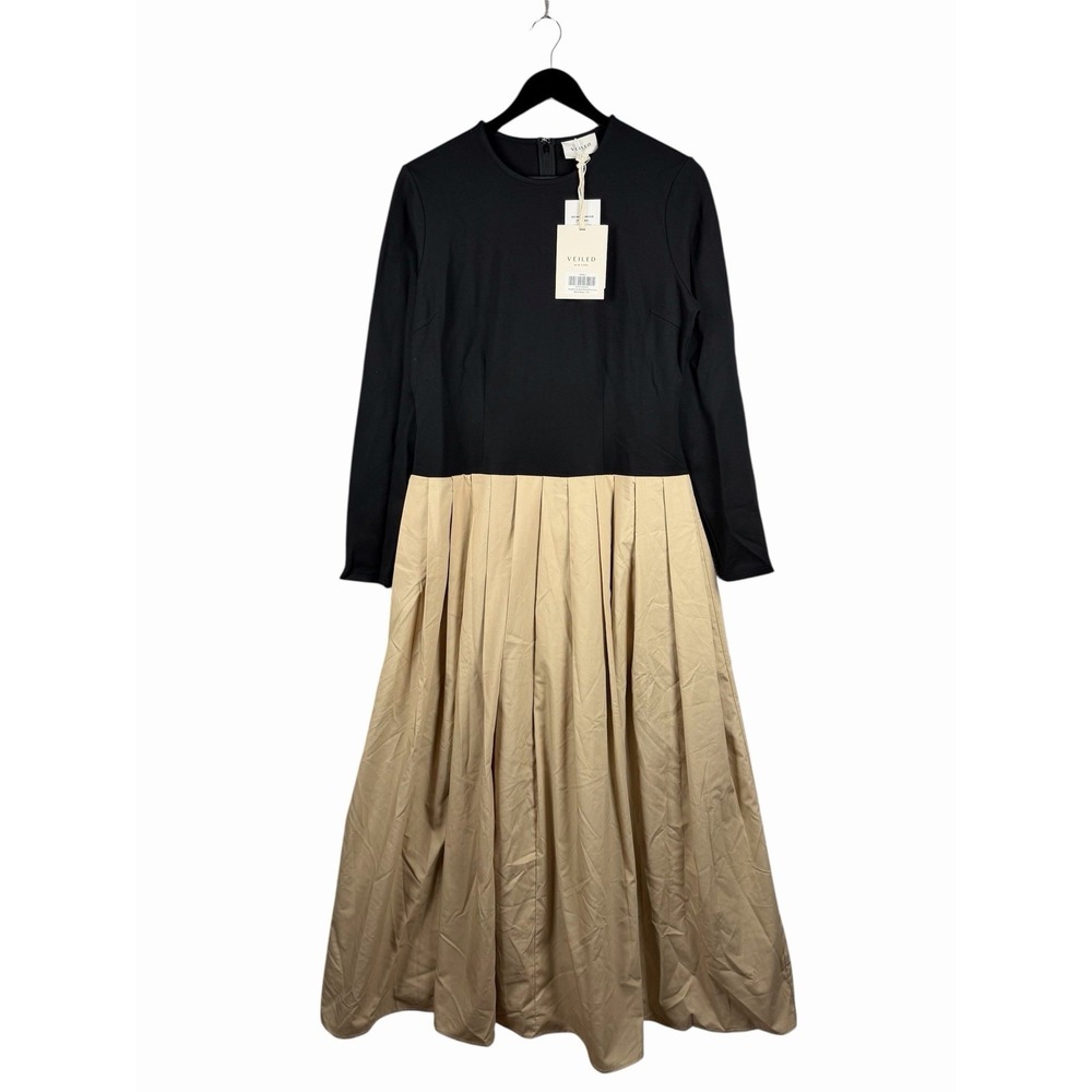 NWT Veiled NY Camella Drop Waist Pleated Maxi Long Sleeve Dress Sz L